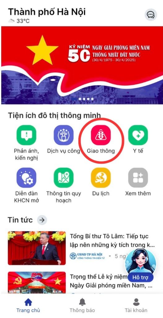 Bước 1: Đăng ký và đăng nhập tài khoản, chọn mục Giao thông